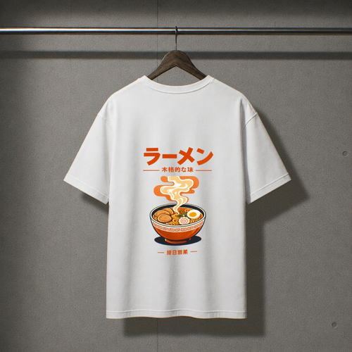 A white short-sleeve t-shirt hanging on a wooden hanger against a textured gray wall. The back of the shirt features a large graphic print of a ramen bowl with orange Japanese text above it.